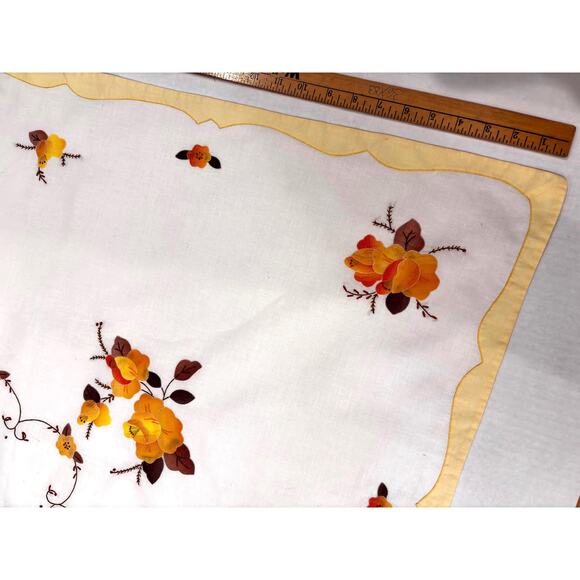 Vintage Square Appliqué & Embroidery Tablecloth Yellow Applied Flowers 40x40 - Picture 9 of 9
